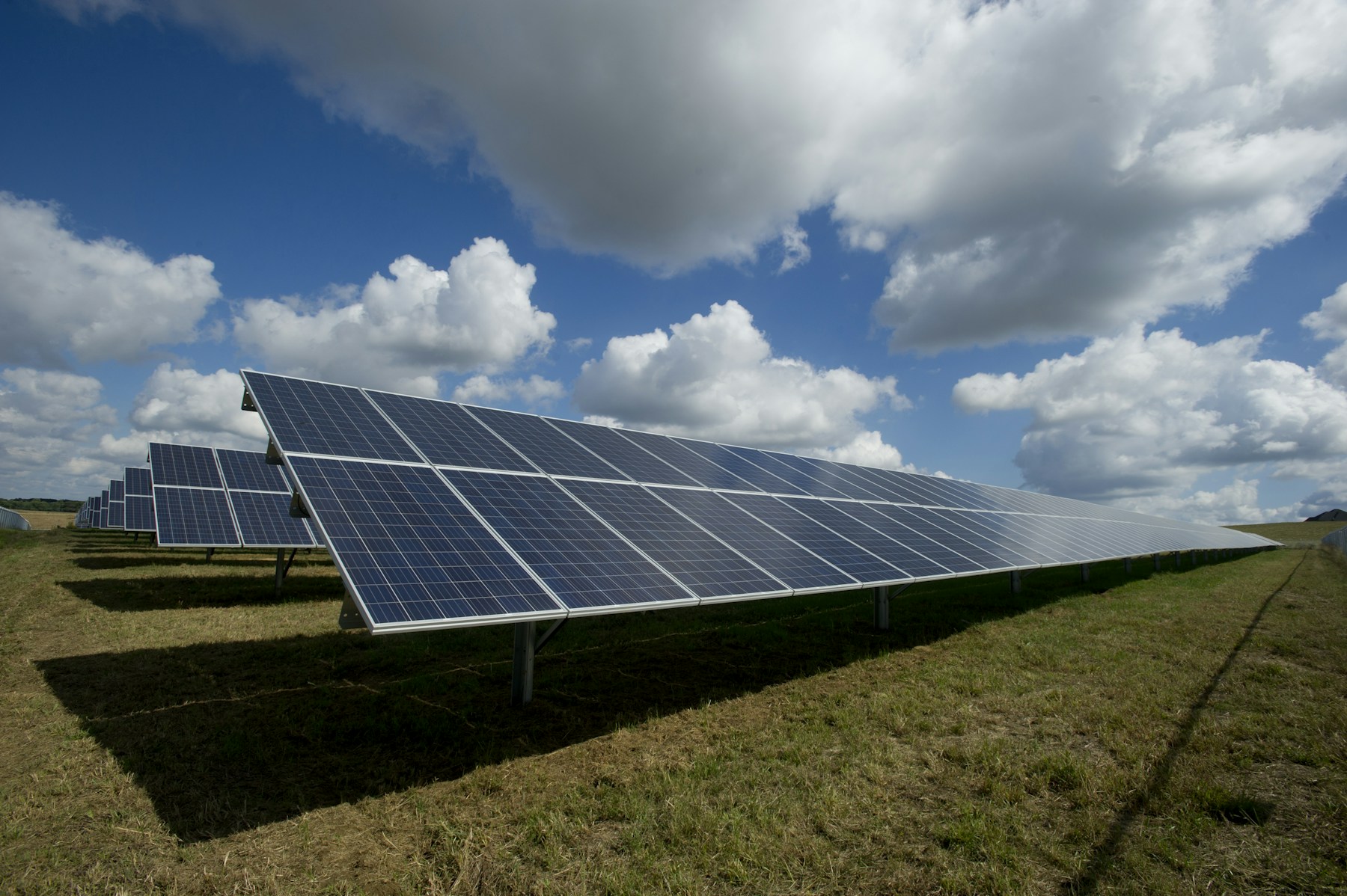 Rows of solar panels generating renewable electricity at a commercial site